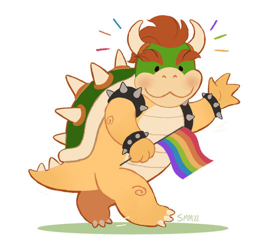 chibi drawing of bowser holding a pride flag and waving