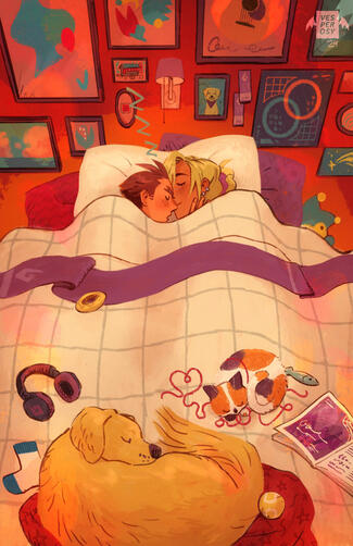 an illustration of apollo justice and klavier gavin from ace attorney. they're asleep under a checked blanket, atop which lays mikeko (a calico cat) and vongole (a golden retriever). on the wall above them are framed paintings depicting the different cases