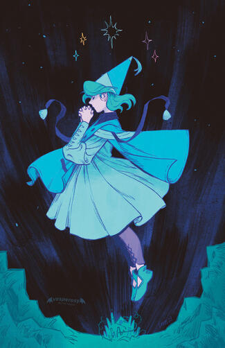 an illustration of coco from witch hat atelier. she is in profile with her hands clasped in from of her faces; her eyes are closed as if making a wish. she floats above a fisheye lens landscape with her family's house in the centre. the background is dark