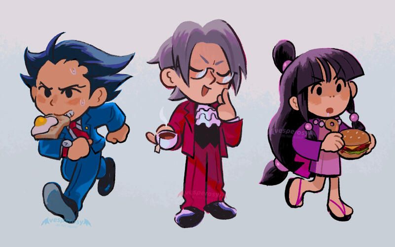 Three chibi-style drawings: phoenix wright running frantically with a piece of toast in his mouth with a fried egg falling off of it; miles edgeworth holding a cup of tea and pushing up his glasses with a smug expression; maya fey holding a burger and sal