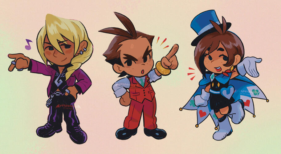 chibi illustrations of klavier, apollo, and trucy from ace attorney 4