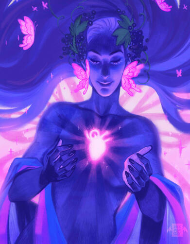 An illustration of a smiling woman draped in a trans pride flag with butterfly wings on her back. There is a garland of grapes in her hair, and she is cupping her hands over her glowing chest