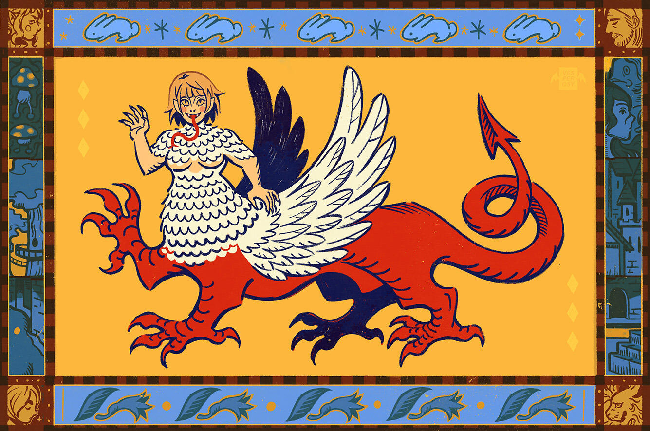 medieval-style illustration of chimera falin from dungeon meshi/delicious in dungeon